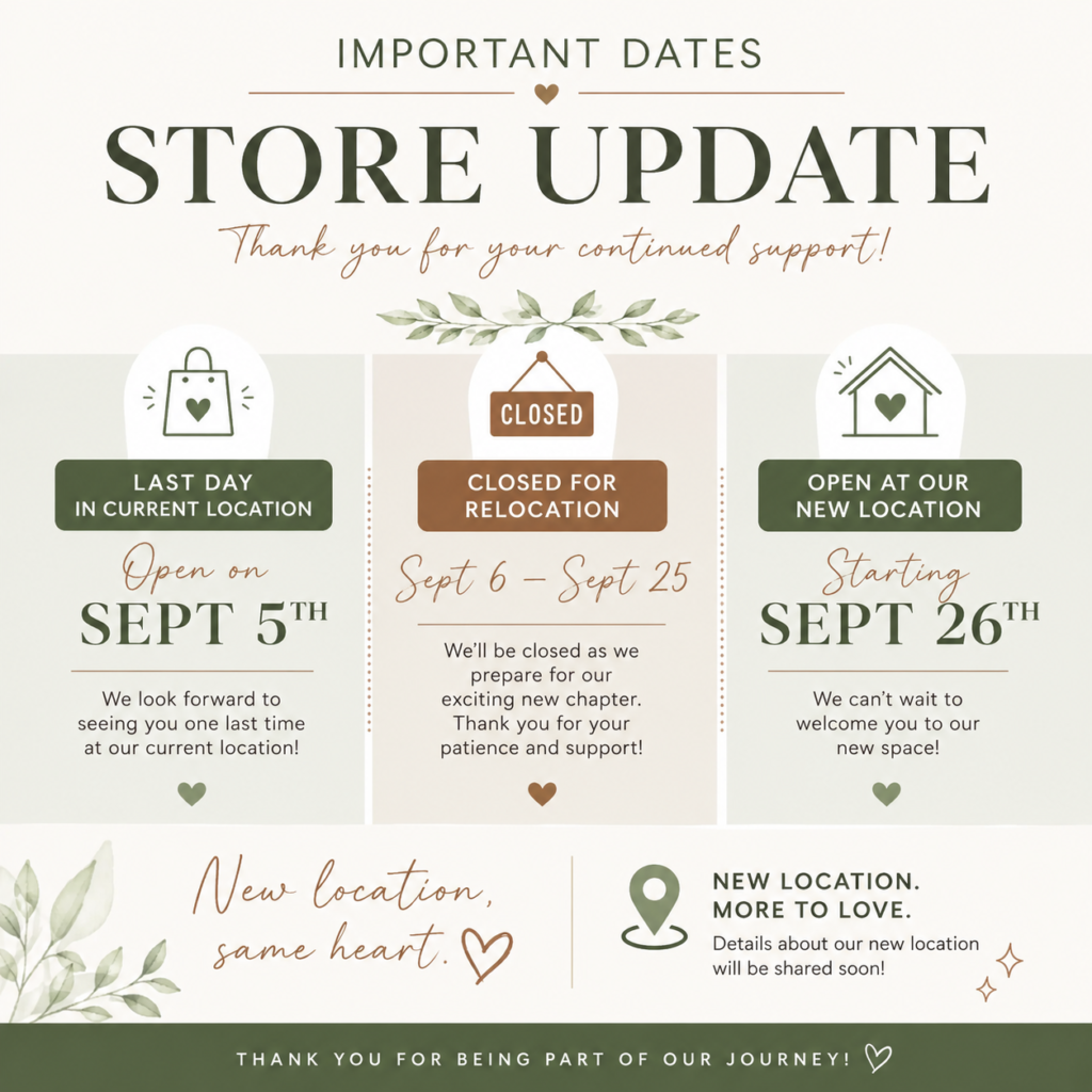 Moving update - We are closed from Sept 6th to Sept 25th. Reopen on Sept 26th at the new location!